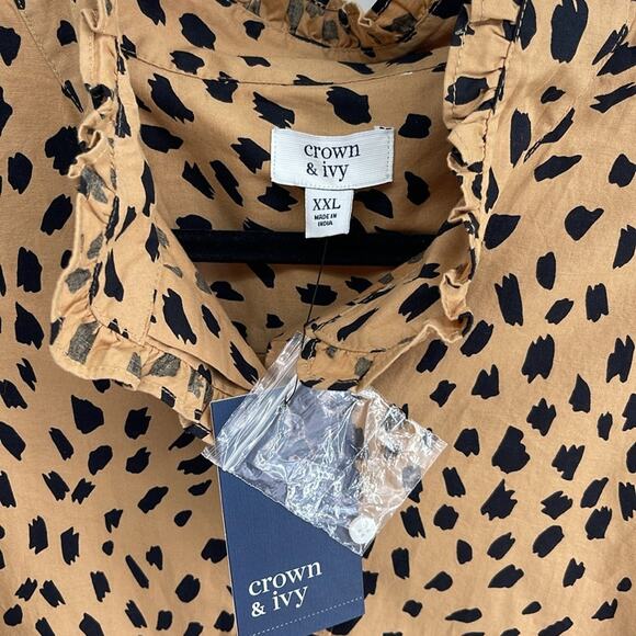NWT Crown & Ivy leopard print long sleeve ruffle long sleeve button up shirt XXL - Picture 5 of 6